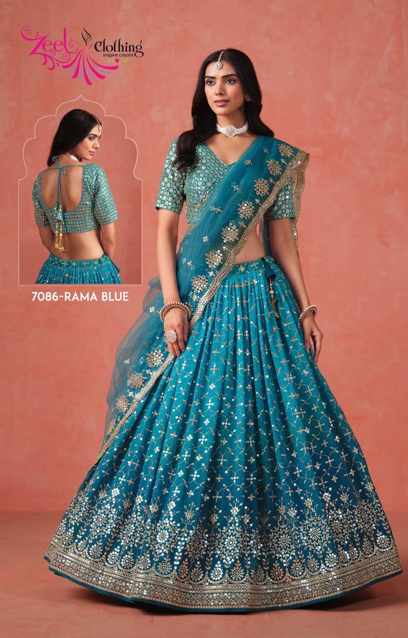 Elegance Georgette Rama Blue Designer lehenga choli wholesale in Surat